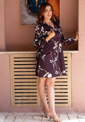 Wine blossom floral printed v-neck mini dress 2