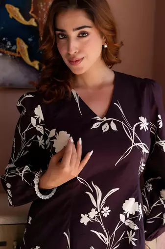 Wine blossom floral printed v-neck mini dress