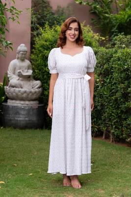 White polka print puff sleeve maxi dress 1