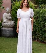 White polka print puff sleeve maxi dress