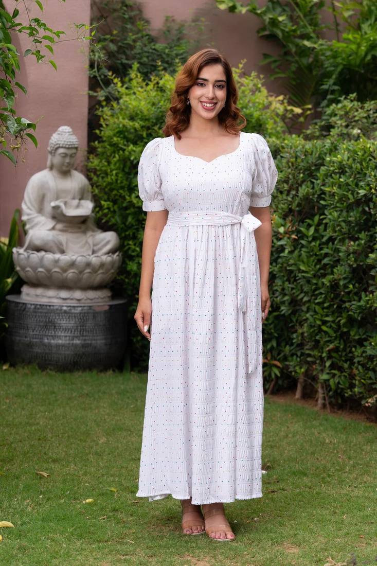 White polka print puff sleeve maxi dress