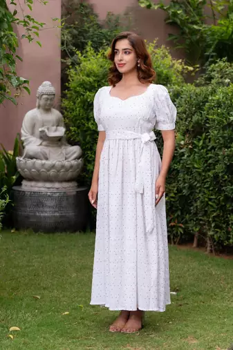White polka print puff sleeve maxi dress
