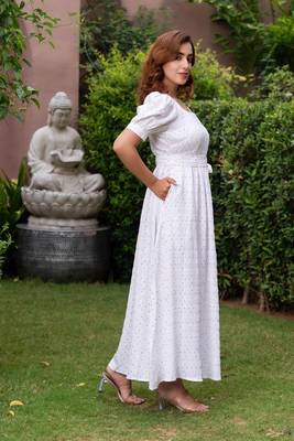 White polka print puff sleeve maxi dress 3