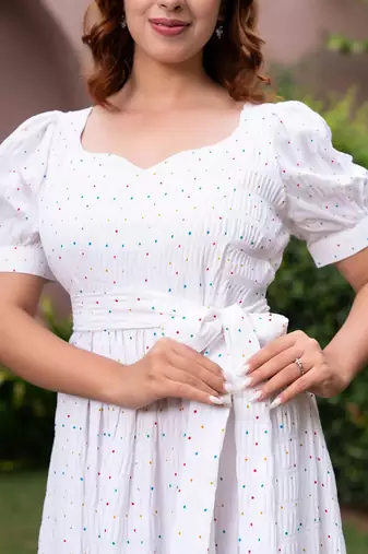 White polka print puff sleeve maxi dress