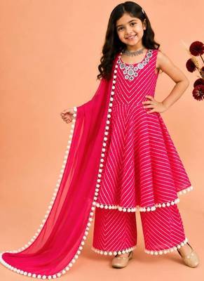 Heavy fox georgette printed and real mirror  work with pum work rani pink readymade salwar suit 1