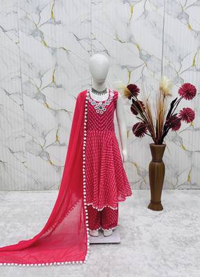 Heavy fox georgette printed and real mirror  work with pum work rani pink readymade salwar suit 2
