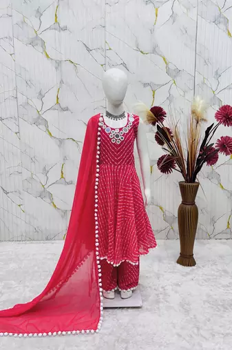 Heavy fox georgette printed and real mirror  work with pum work rani pink readymade salwar suit