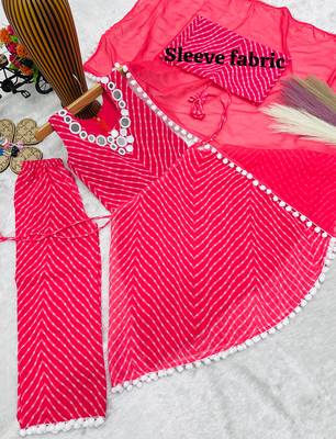 Heavy fox georgette printed and real mirror  work with pum work rani pink readymade salwar suit 3