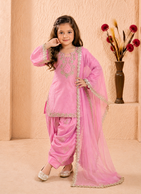 Trendy roman silk embroidery sequnce and moti work pink readymade salwar suit 1