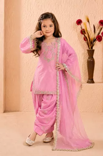 Trendy roman silk embroidery sequnce and moti work pink readymade salwar suit