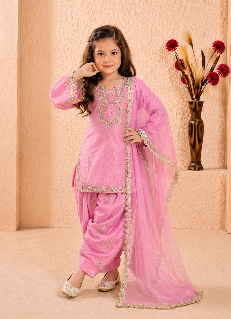Trendy roman silk embroidery sequnce and moti work pink readymade salwar suit