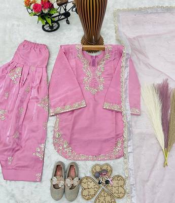 Trendy roman silk embroidery sequnce and moti work pink readymade salwar suit 3