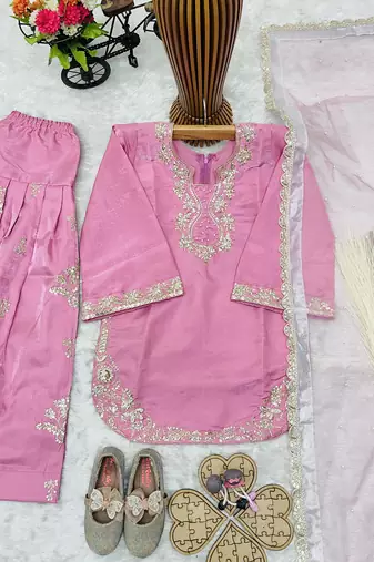 Trendy roman silk embroidery sequnce and moti work pink readymade salwar suit