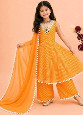 Heavy fox georgette printed and real mirror  work with pum work yellow readymade salwar suit 1