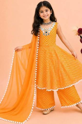 Heavy fox georgette printed and real mirror  work with pum work yellow readymade salwar suit