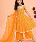 Heavy fox georgette printed and real mirror  work with pum work yellow readymade salwar suit