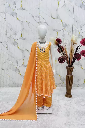 Heavy fox georgette printed and real mirror  work with pum work yellow readymade salwar suit