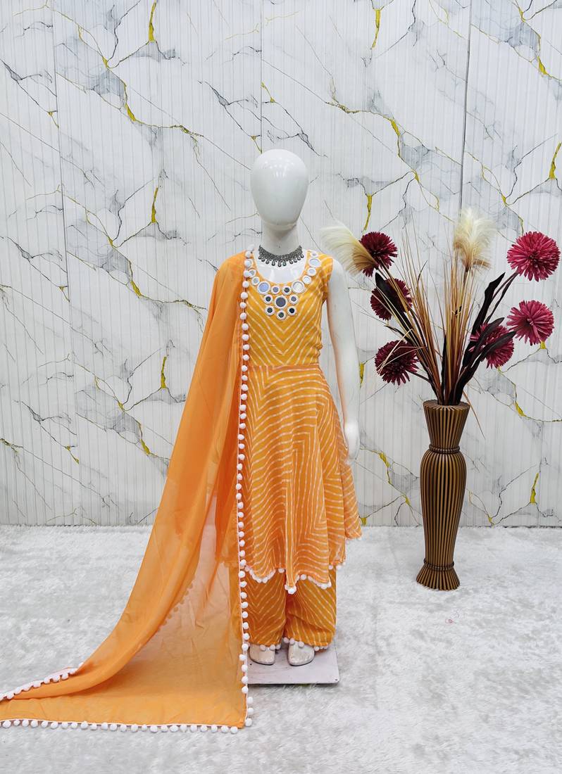 Heavy fox georgette printed and real mirror  work with pum work yellow readymade salwar suit