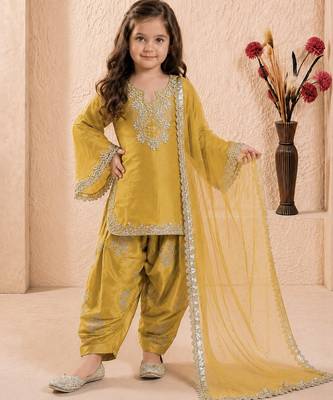 Trendy roman silk embroidery sequnce and moti work mustard readymade salwar suit 1