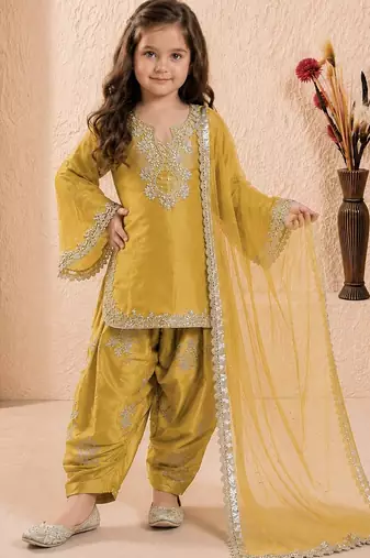 Trendy roman silk embroidery sequnce and moti work mustard readymade salwar suit