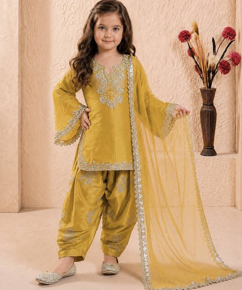 Trendy roman silk embroidery sequnce and moti work mustard readymade salwar suit