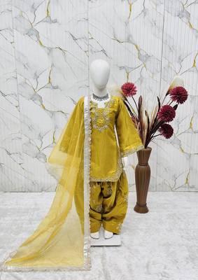 Trendy roman silk embroidery sequnce and moti work mustard readymade salwar suit 2