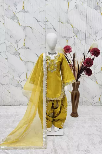 Trendy roman silk embroidery sequnce and moti work mustard readymade salwar suit