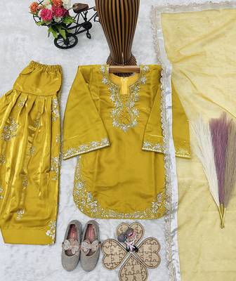Trendy roman silk embroidery sequnce and moti work mustard readymade salwar suit 3
