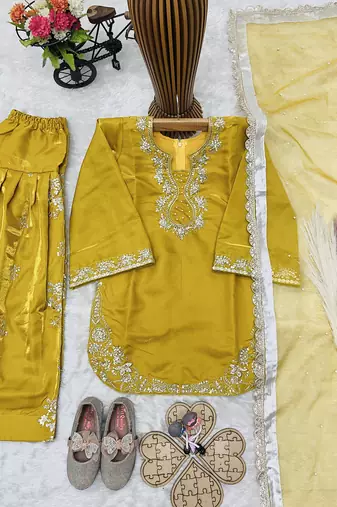 Trendy roman silk embroidery sequnce and moti work mustard readymade salwar suit