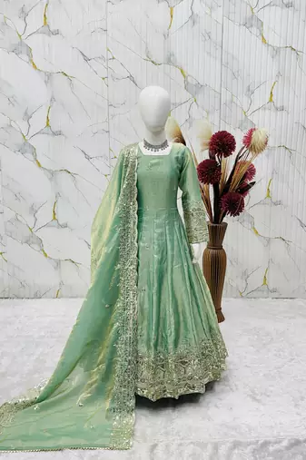 Heavy fendy silk embroidery and sequnce work mint green readymade salwar suit