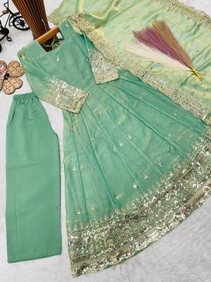 Heavy fendy silk embroidery and sequnce work mint green readymade salwar suit 3