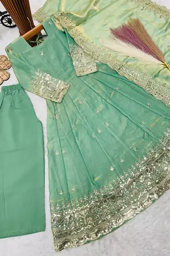Heavy fendy silk embroidery and sequnce work mint green readymade salwar suit