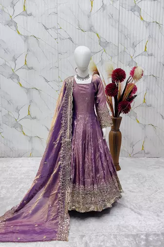 Heavy fendy silk embroidery and sequnce work lavender readymade salwar suit