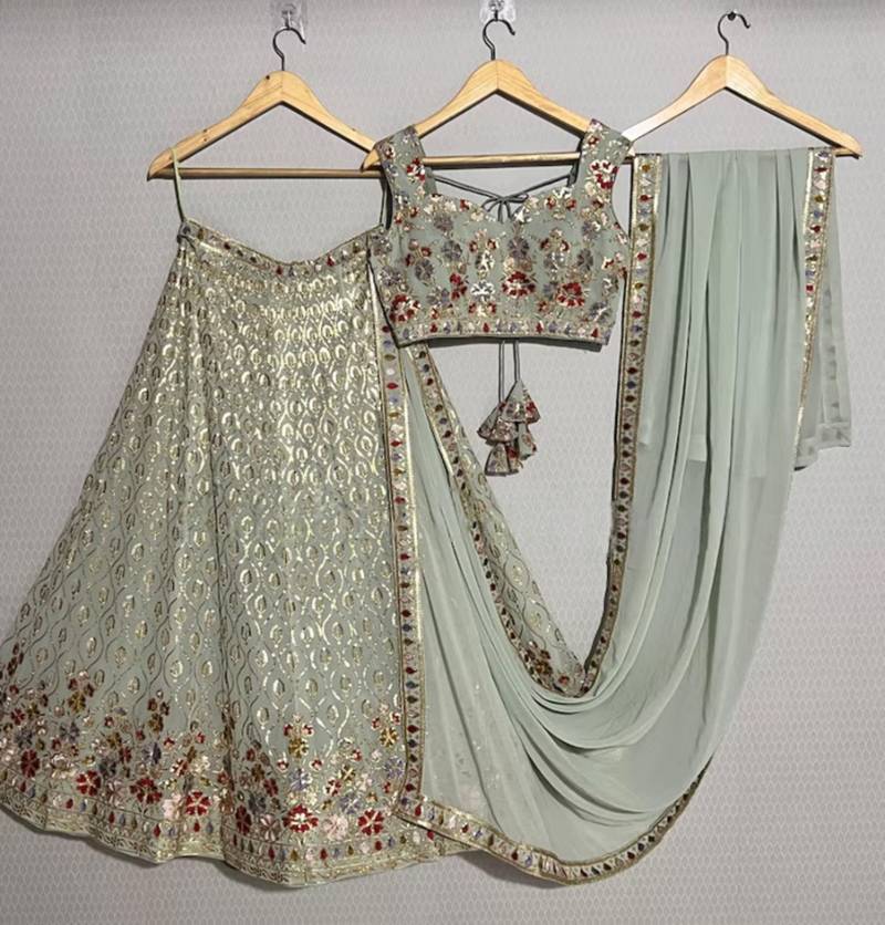 mint white floral embroidered lehenga with dupatta