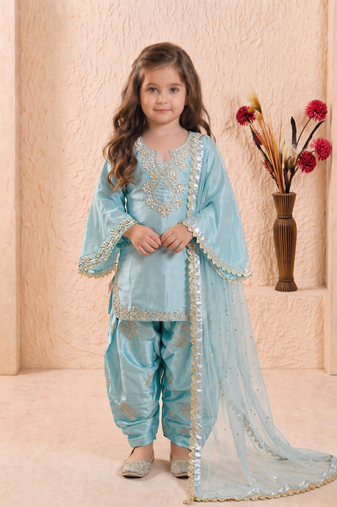 Trendy roman silk embroidery sequnce and moti work sky readymade salwar suit