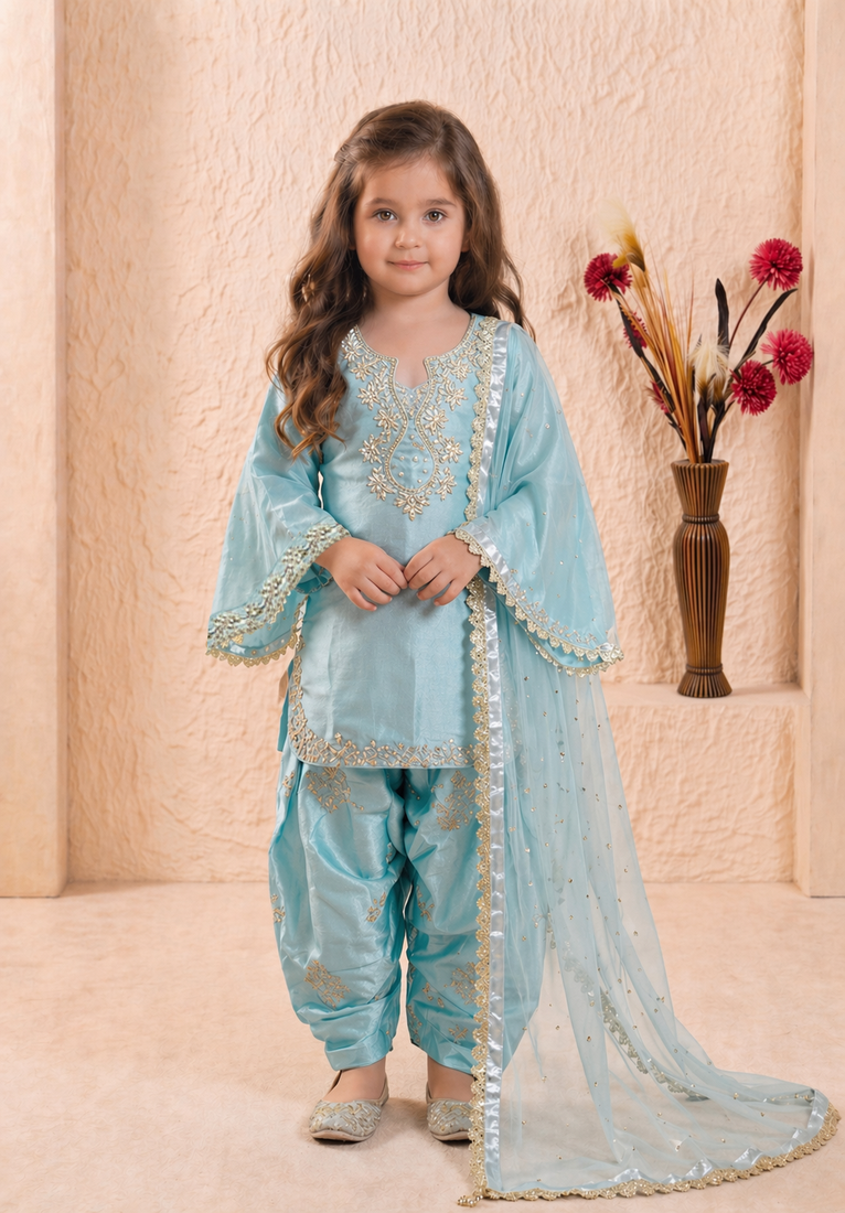 Trendy roman silk embroidery sequnce and moti work sky readymade salwar suit