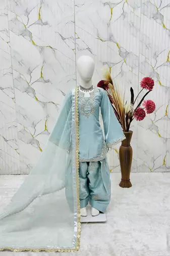 Trendy roman silk embroidery sequnce and moti work sky readymade salwar suit