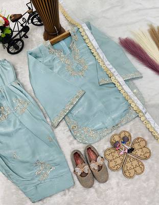 Trendy roman silk embroidery sequnce and moti work sky readymade salwar suit 3