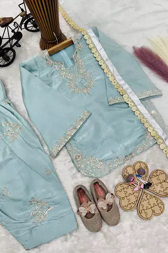 Trendy roman silk embroidery sequnce and moti work sky readymade salwar suit