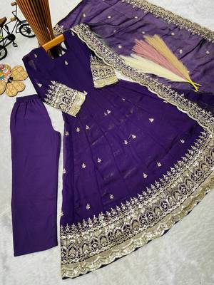Heavy fendy silk embroidery and sequnce work purple readymade salwar suit 3