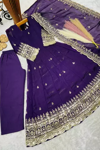 Heavy fendy silk embroidery and sequnce work purple readymade salwar suit