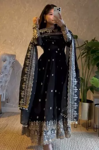 Black fendy silk embroidered sequince work anarkali kurta set