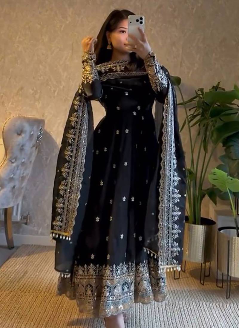 Black fendy silk embroidered sequince work anarkali kurta set