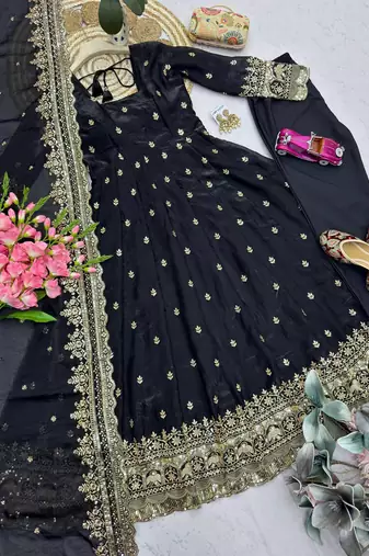 Black fendy silk embroidered sequince work anarkali kurta set