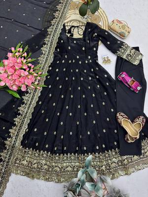 Black fendy silk embroidered sequince work anarkali kurta set 3