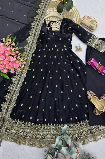 Black fendy silk embroidered sequince work anarkali kurta set
