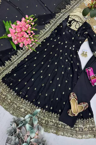 Black fendy silk embroidered sequince work anarkali kurta set