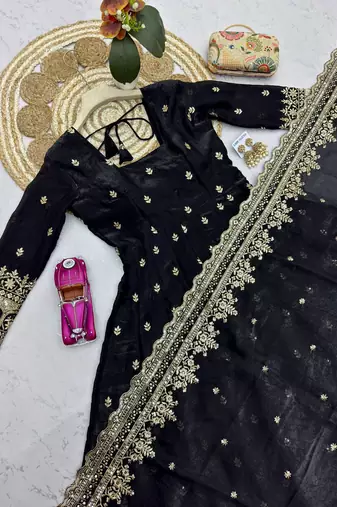 Black fendy silk embroidered sequince work anarkali kurta set
