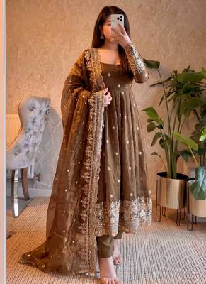 Brown fendy silk embroidered sequince work anarkali kurta set 1