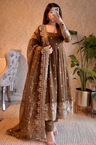 Brown fendy silk embroidered sequince work anarkali kurta set
